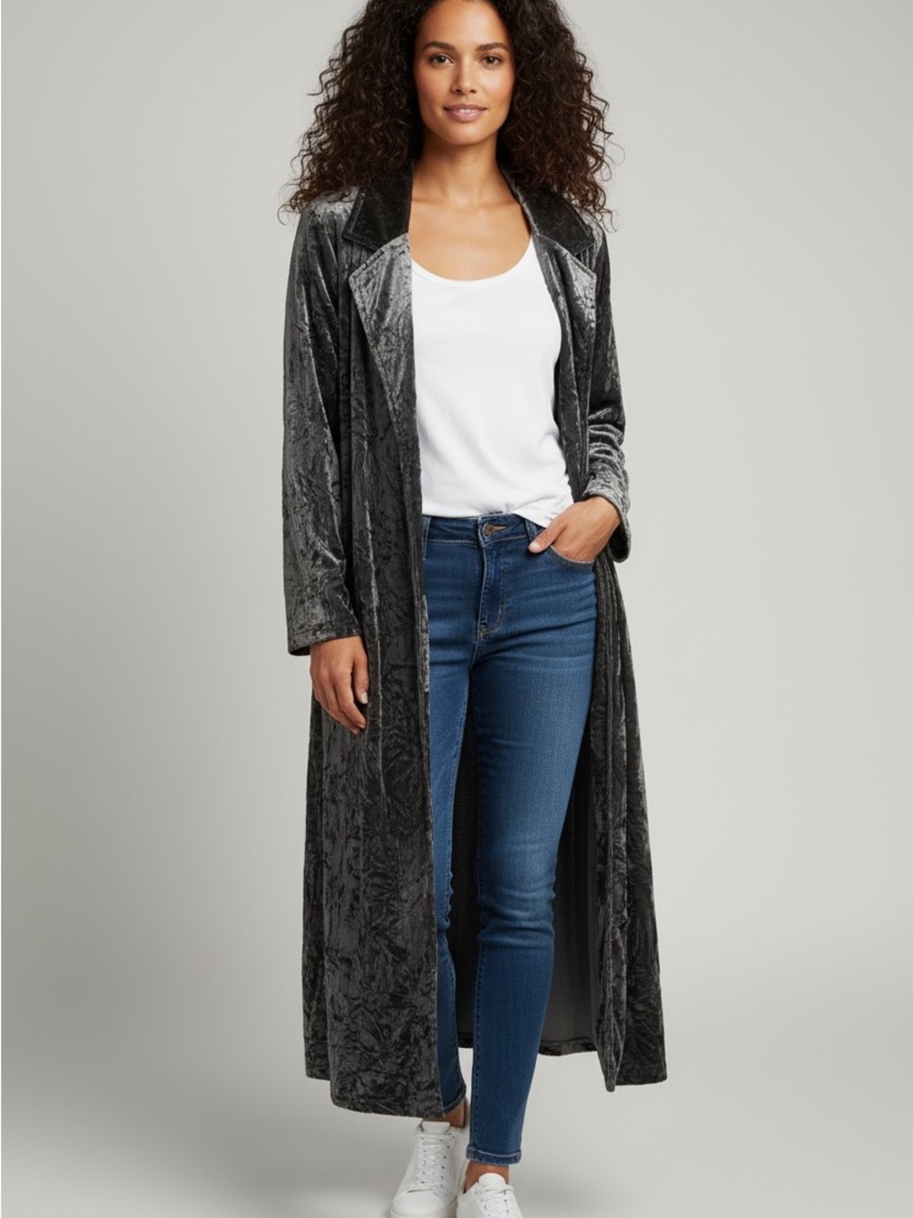 NATURAL LIFE size Large Long Deep Green Crushed Velvet Open Duster Jacket-NWOT